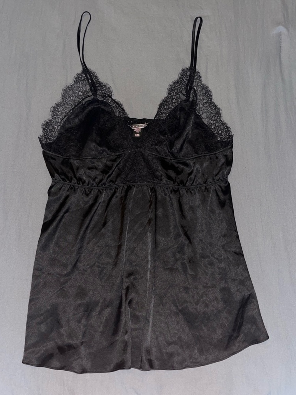 Victoria's Secret Black Satin Lace-Trim Chemise